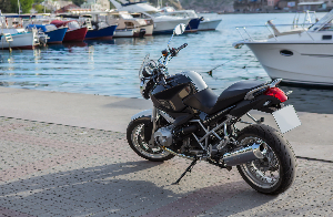 Motorcycle near harbor in San Diego.