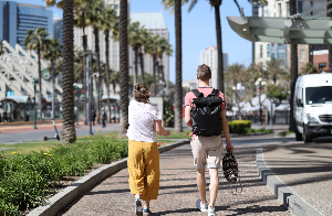 Pedestrians walking in downtown San Diego.