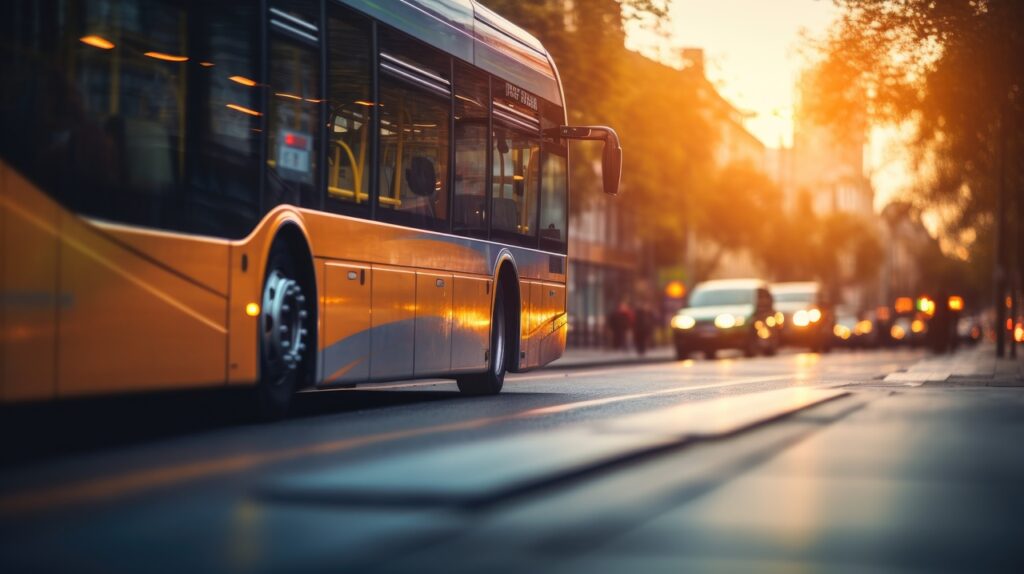 Close up city bus in motion on a city road highway on blurred buildings background
