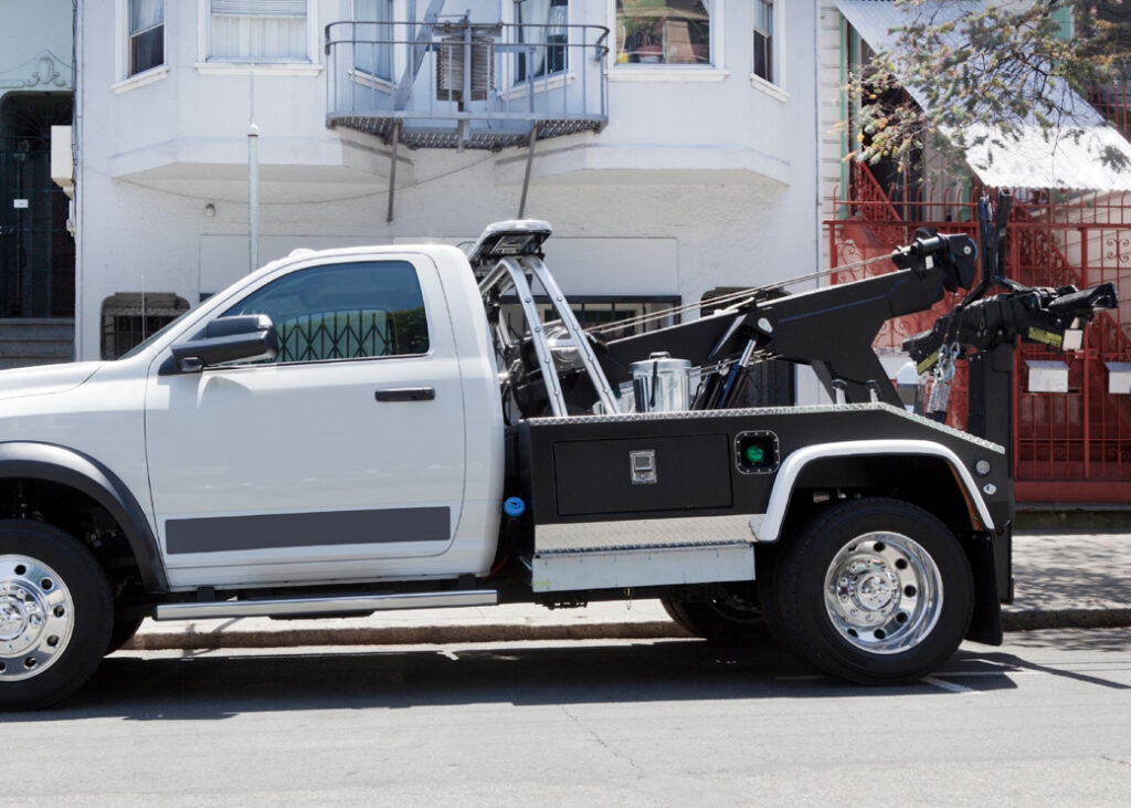 Parked tow truck in residential neighborhood