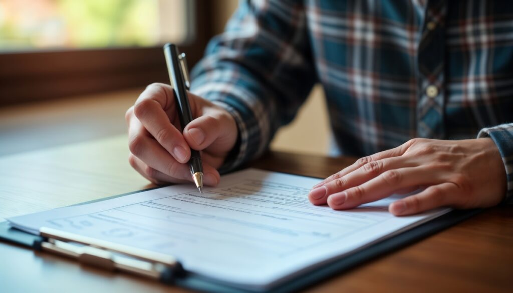 Man fills out workers compensation form. Sits at desk carefully completes claim document. Fills in information. Claim involves injury at work. Process happens in office setting. Document in