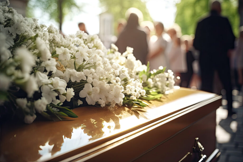 A reverent funeral scene, the coffin is decorated with flowers. Symbolic farewell among church services and cemetery funerals.