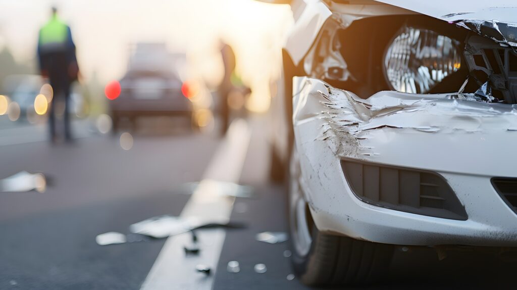 car big damaged and broken by accident on road parking can not drive any more. With copy space for text or design