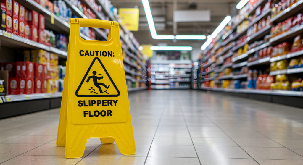 A bright yellow caution sign alerts shoppers to a slippery floor in a supermarket aisle. The sign stands prominently, emphasizing the potential hazard and urging caution to prevent accidents. Aisles are visible in the background full of food and products.
