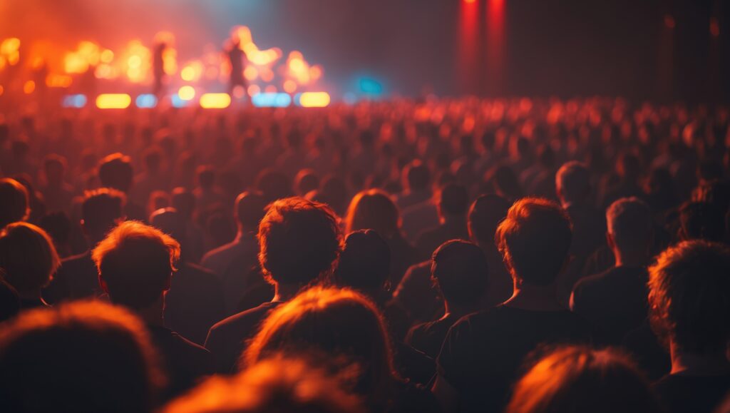 Live concert scene with numerous people and heads under red lighting