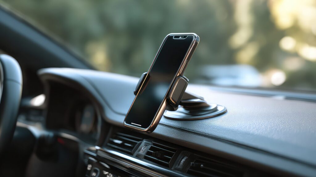 A modern smartphone is securely held by a dashboard mount on a car's interior. The device is positioned for easy viewing and access while driving.