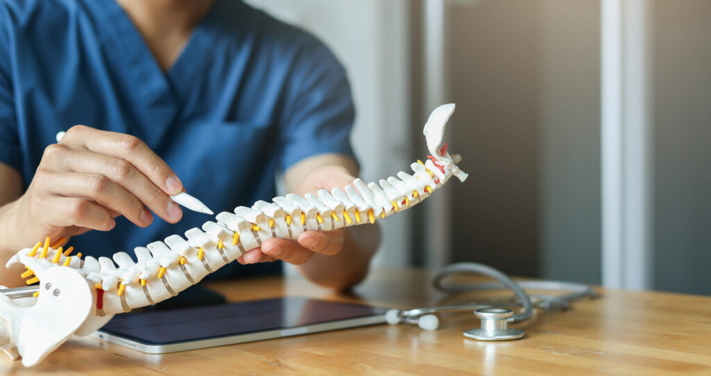 close up specialist chiropractor man touch on back on spine anatomy and diagnose about symptom and treatment step by hospital program for health care lifestyle people concept