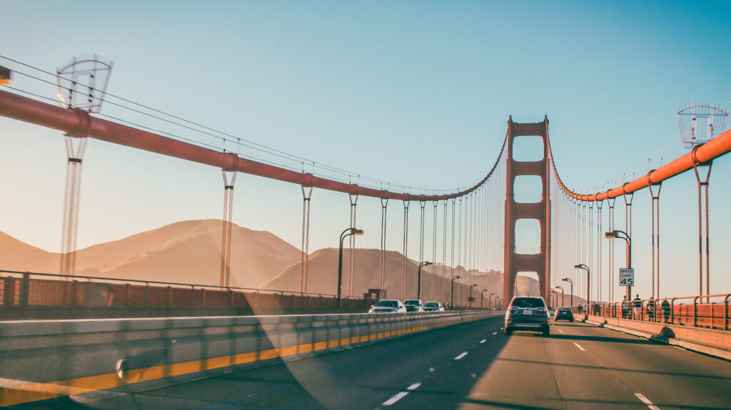 View of driving over the Golden Gate Bridge in San Francisco.