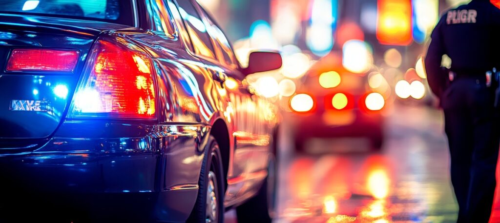Police Officer Patroling City Streets at Night with Blurry Lights Reflecting off Vehicles