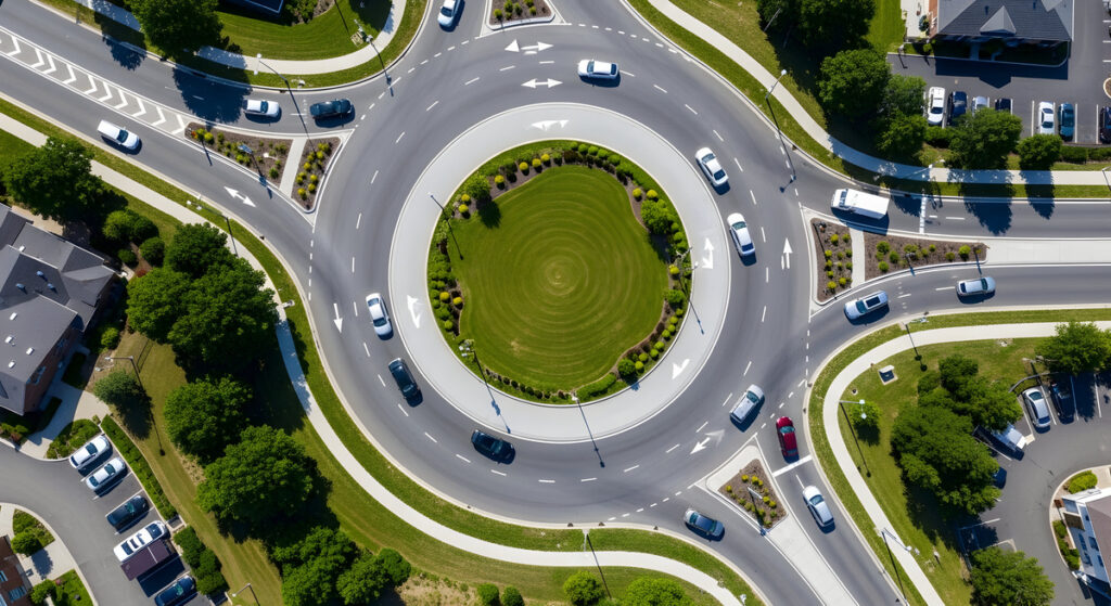 Aerial perspective of a modern roundabout with cars navigating through the green landscaped central island