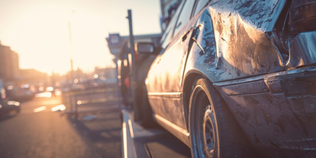 The car with rear-end damage parked on urban street at golden hour