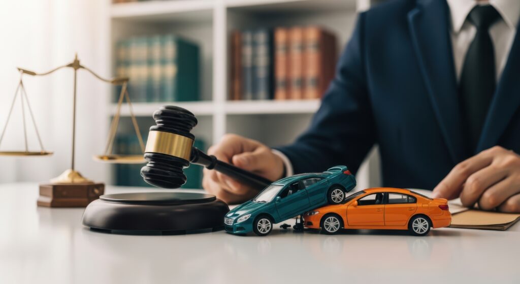 Car accident legal representation and insurance litigation concept showing a lawyer with a gavel and toy cars in collision on a desk.