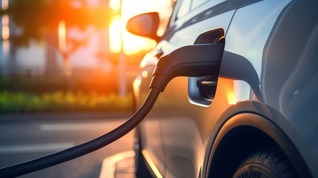 Eco power. electric vehicle charging station with power cable supply plugged station, EV charging station, green energy, blue power, electric energy, technology and EV Car concept. Generative AI