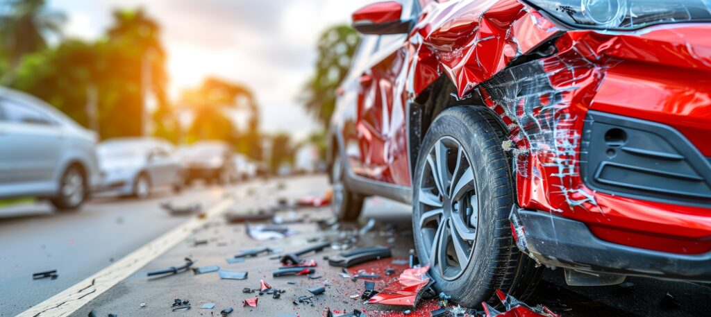 Daytime collision two vehicles involved in a minor car crash on the road in a small accident