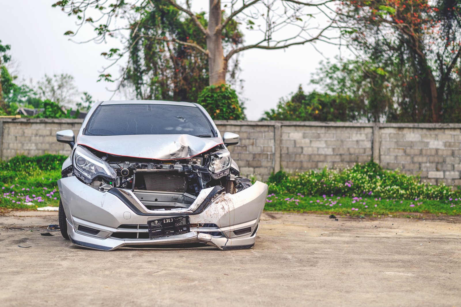 Close-up of a damaged car after a total loss accident in California
