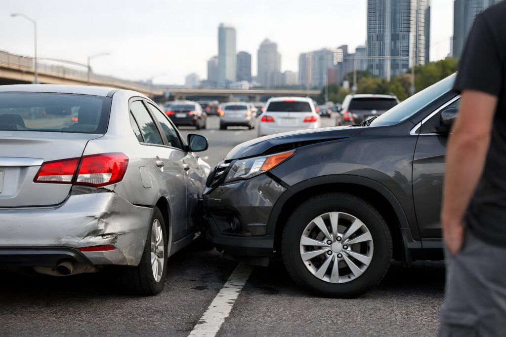Minor T-bone car accident on a busy California highway with heavy traffic